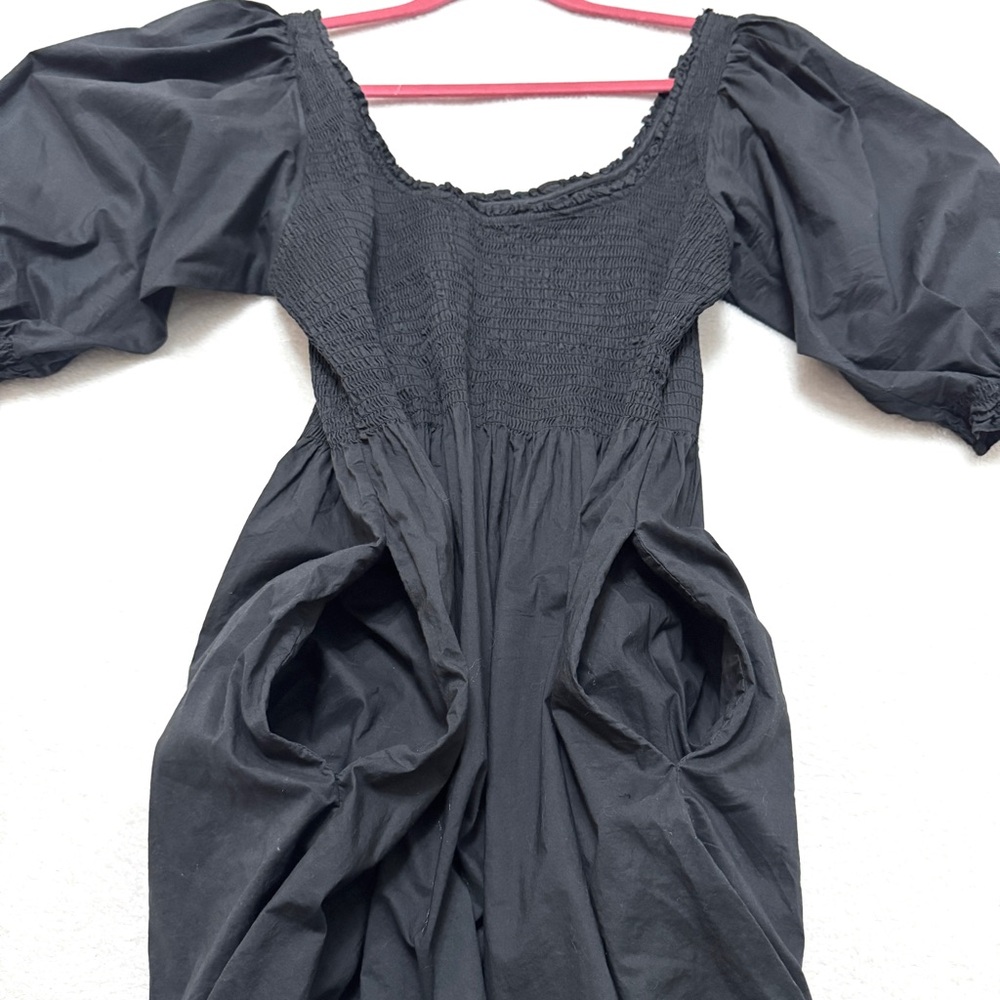 Black Smocked Midi Dress with Puff Sleeves - Picture 10 of 10